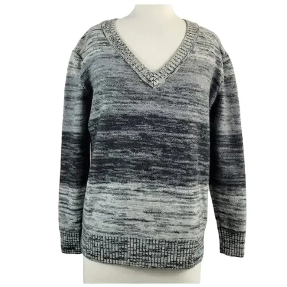 Lord & Taylor Merino Wool Sweater Grey Striped V-Neck Size Small